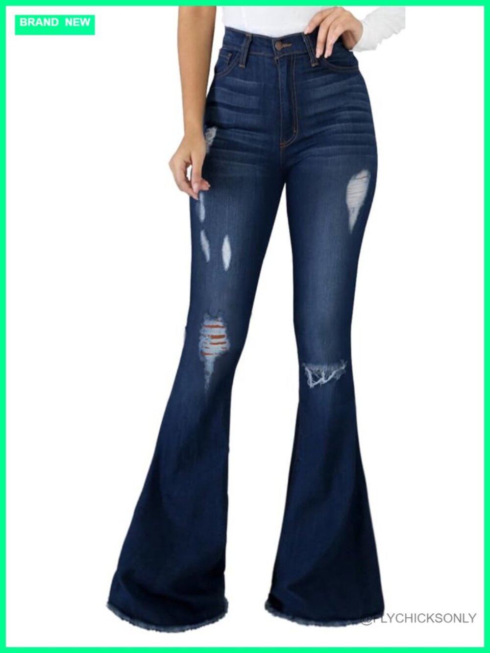 Women High Waisted Ripped Bell Bottom Flare Jeans Denim